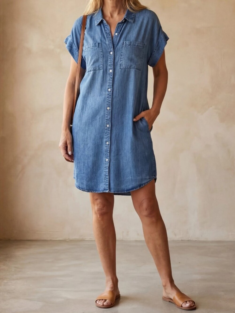 Denim Chambray Shirtdress Short Sleeves Midi Length With Tie Belt